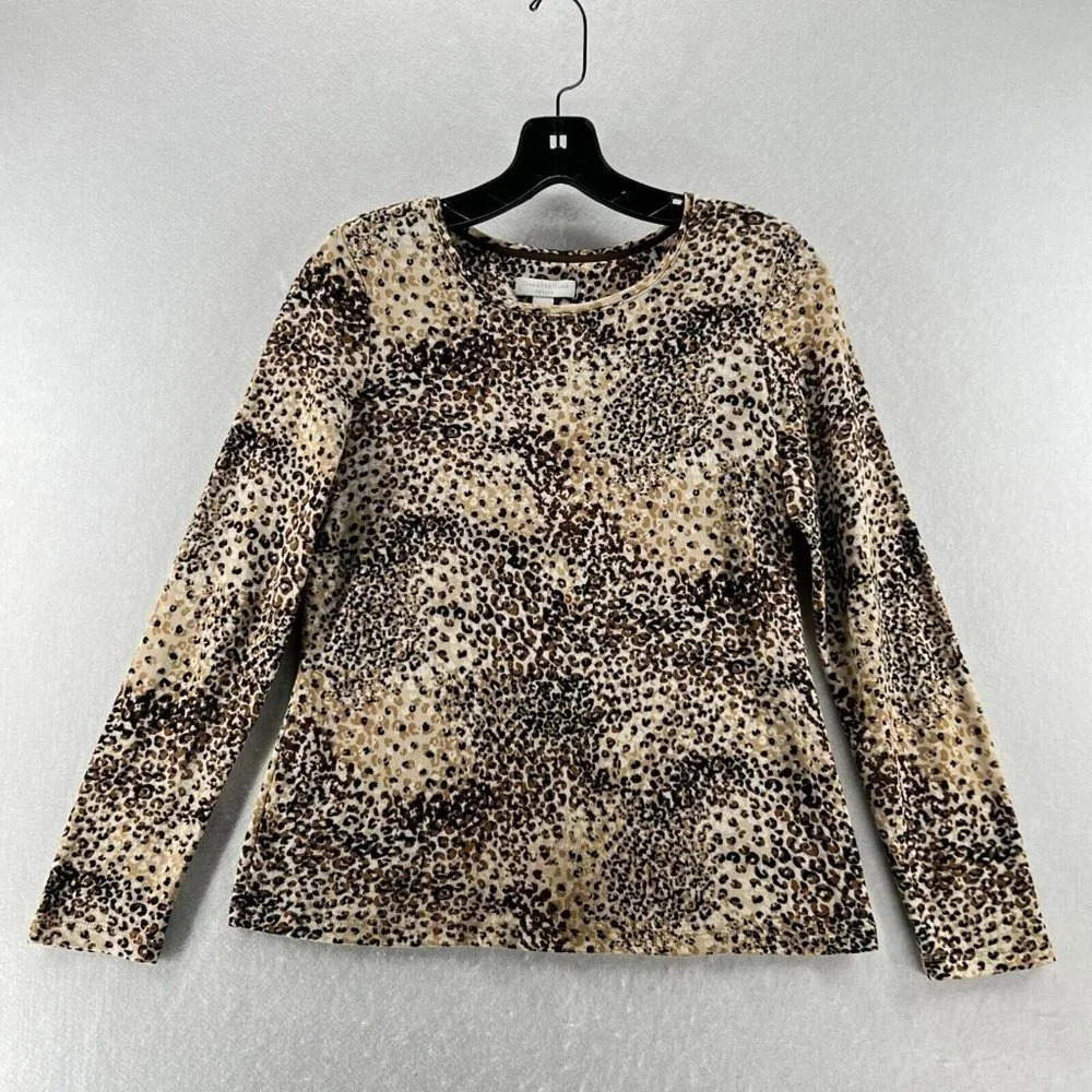 Charter Club Top Womens Sz PP Animal Print Long Sleeve Jersey Cotton Beige Brown